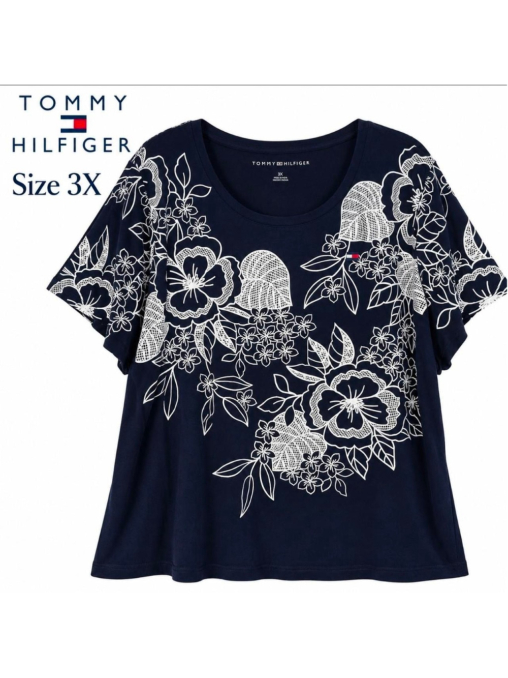 Tommy Hilfiger 3X Navy Blue White Floral Graphic Tee Plus Size